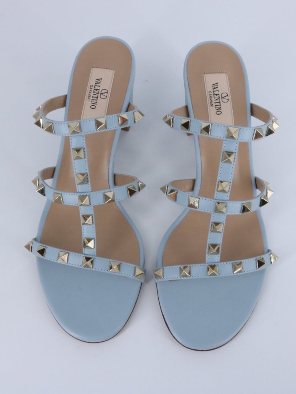 Valentino 40 Porcelain Blue Gold Cage Rockstud 60mm Classic Heels Sandals E938 - Picture 1 of 15
